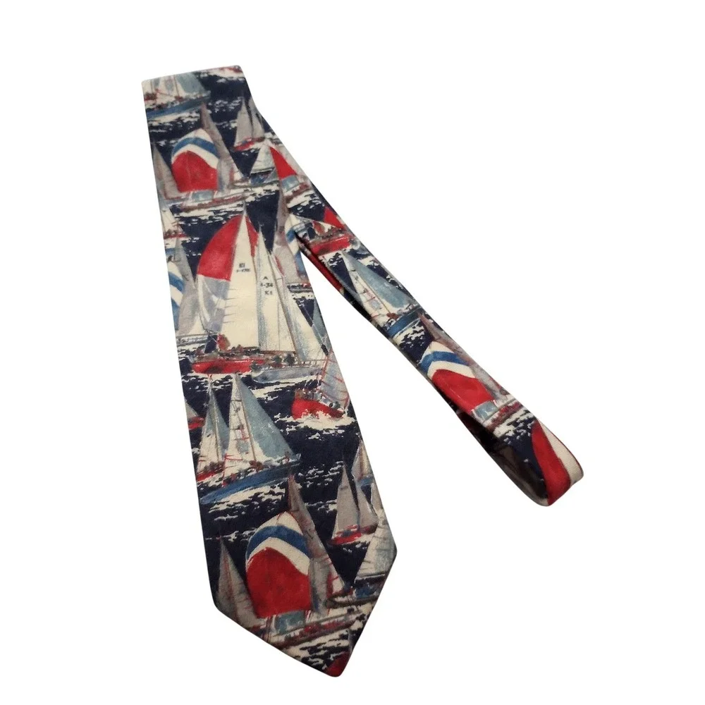 Lands End Mens Sailboat Regatta Print Cotton Tie Navy Red White Handsewn USA